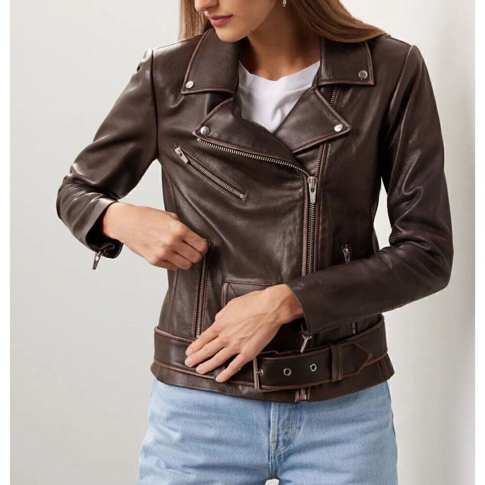 VEDA Moto Jacket Womens XS Brown Distressed Leather Full Zip Biker Zip Pockets